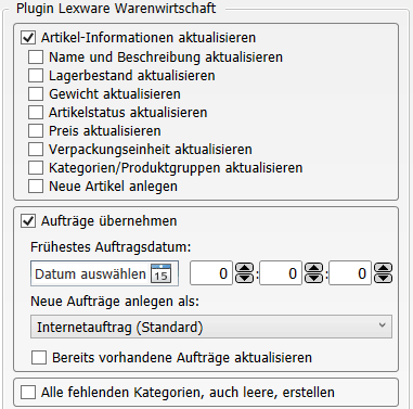 Transfer-Einstellungen Webshop nach Lexware Warenwirtschaft