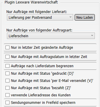 Transfer-Einstellungen Lexware Warenwirtschaft nach Versanddienstleister